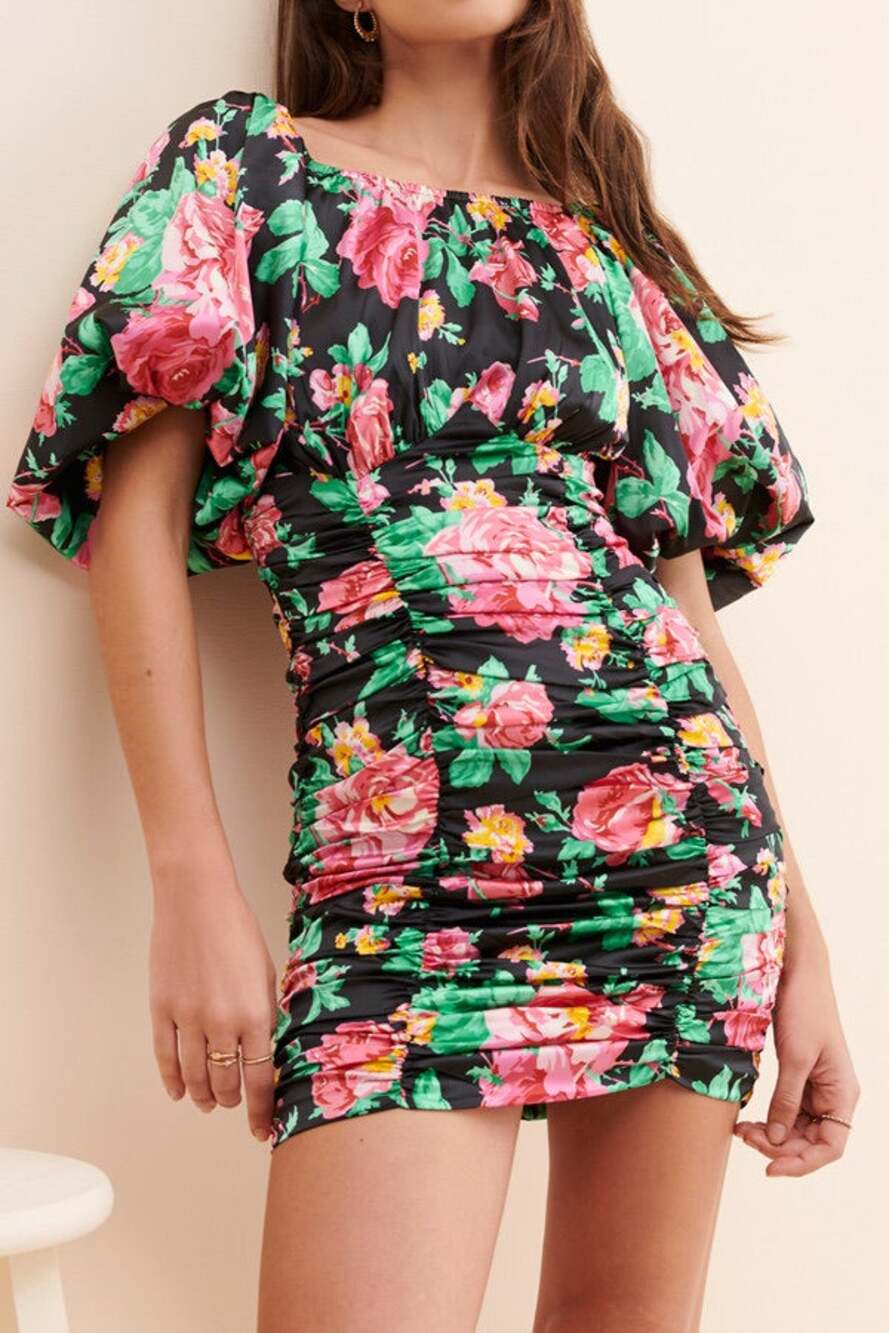 For Love & Lemons Black Pink Floral Ruched Puff Sleeve Mini Dress Sz S $215
